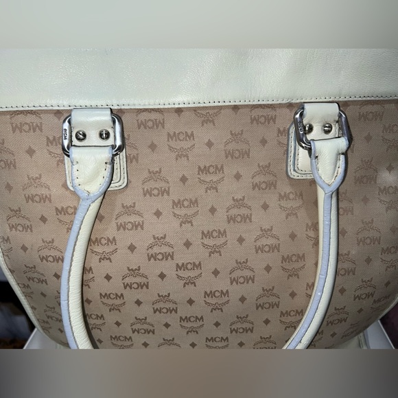 MCM Work Laptop Tote Bag Khaki Canvas MCM Visetos Logo Cream /Gray Leather Trim - Picture 6 of 13